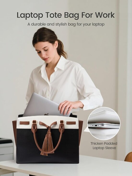 Laptop Bag for Women,Work Tote Bag with Large Cup Holder,Leather Computer Bag Te - Picture 5 of 6